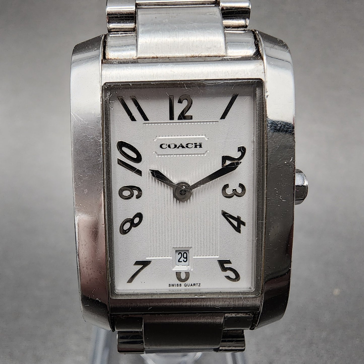 Coach Tank Watch Women 22mm White Dial Stainless Steel Date Rectangle New Batt3
