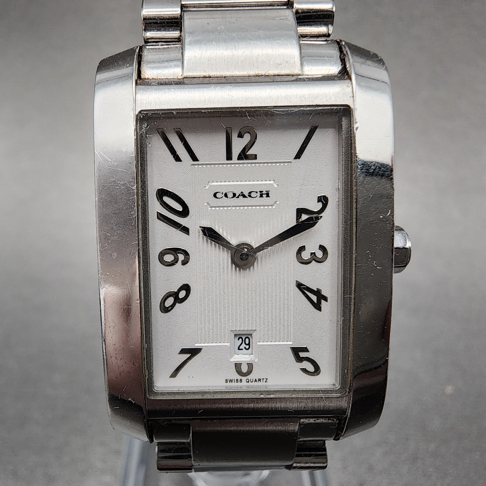 Coach Tank Watch Women 22mm White Dial Stainless Steel Date Rectangle New Batt3