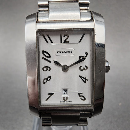 Coach Tank Watch Women 22mm White Dial Stainless Steel Date Rectangle New Batt3