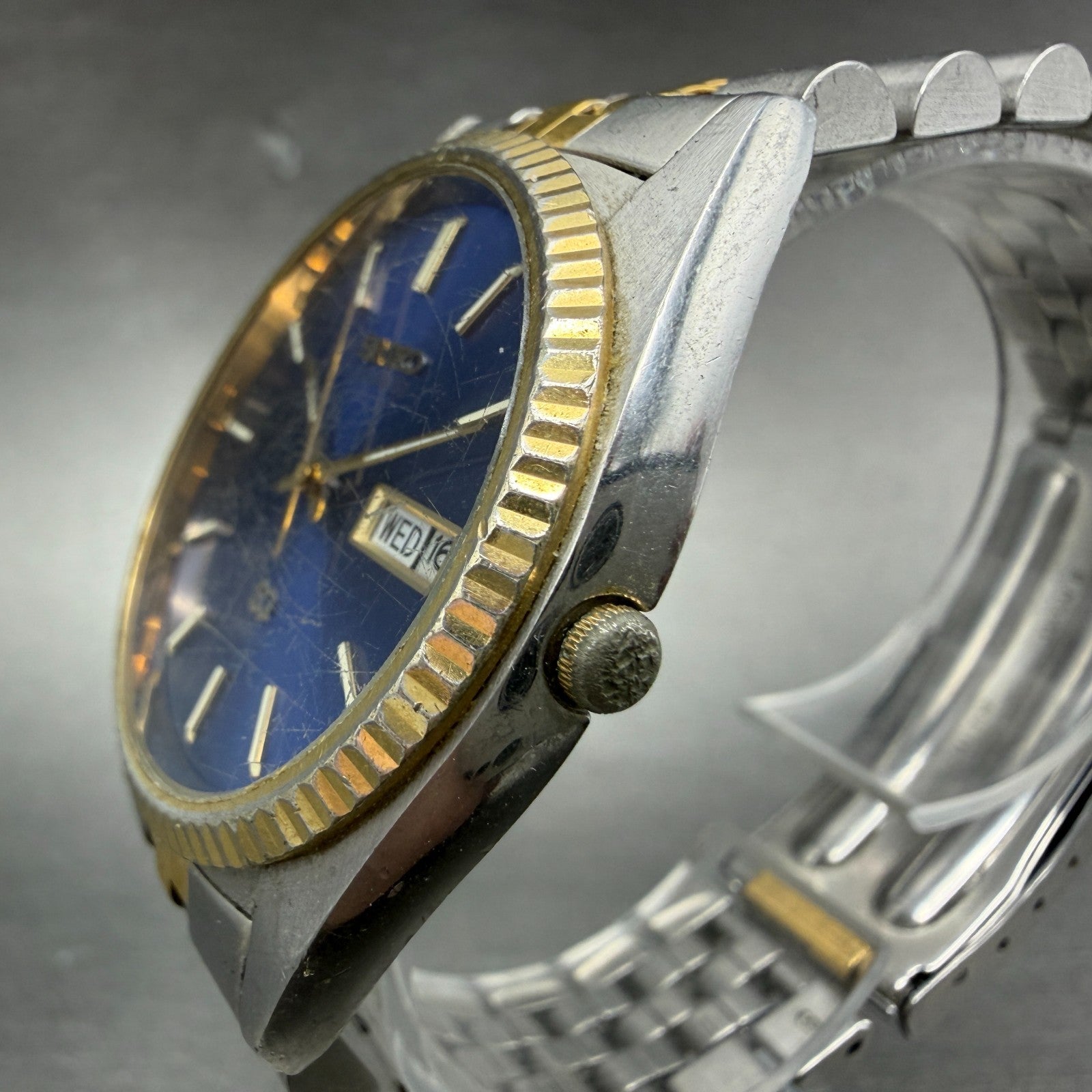 Seiko SQ President Watch Men 36mm Blue Dial Two Tone Daydate Round New BatteryH92