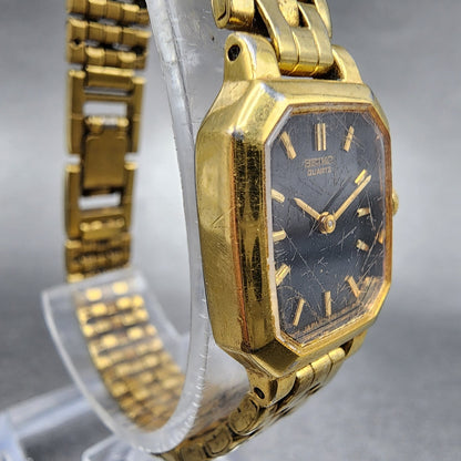 VTG Seiko Watch Women 17mm Black Dial Gold Tone Octagon V4005608 New Battery A13