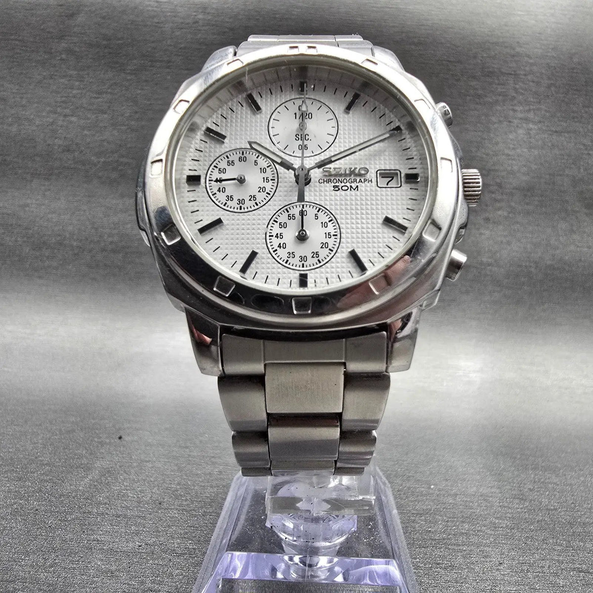 Seiko Chronograph Watch Men 40mm Silver Dial Silver Tone Date 7T92-0CA0 New Bat5
