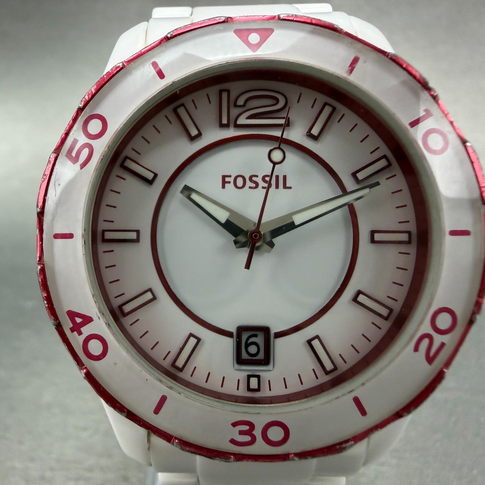 Fossil Watch Women 39mm White Dial White Ceramic Date Round CE-1051 New Battery1