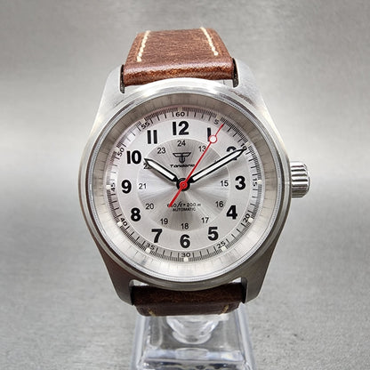 Tandorio Pilot Watch Men 36mm Silver Dial Silver Tone Round Automatic Runs0