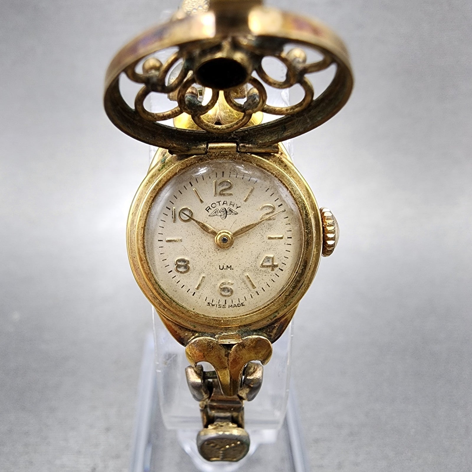 Rotary Watch Women 18mm Cream Dial Gold Tone Round Manual Wind Runs Flip Cover0