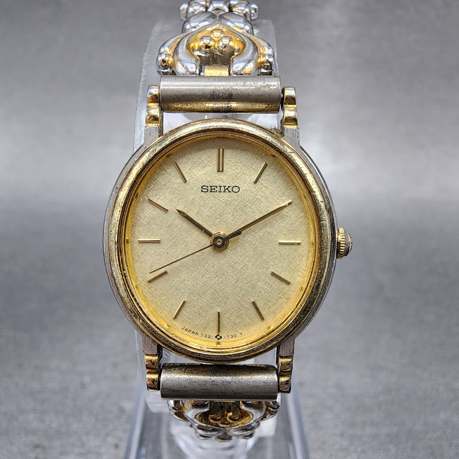 Seiko Watch Women 22mm Champagne Dial Two Tone Oval 73216070 New Battery0