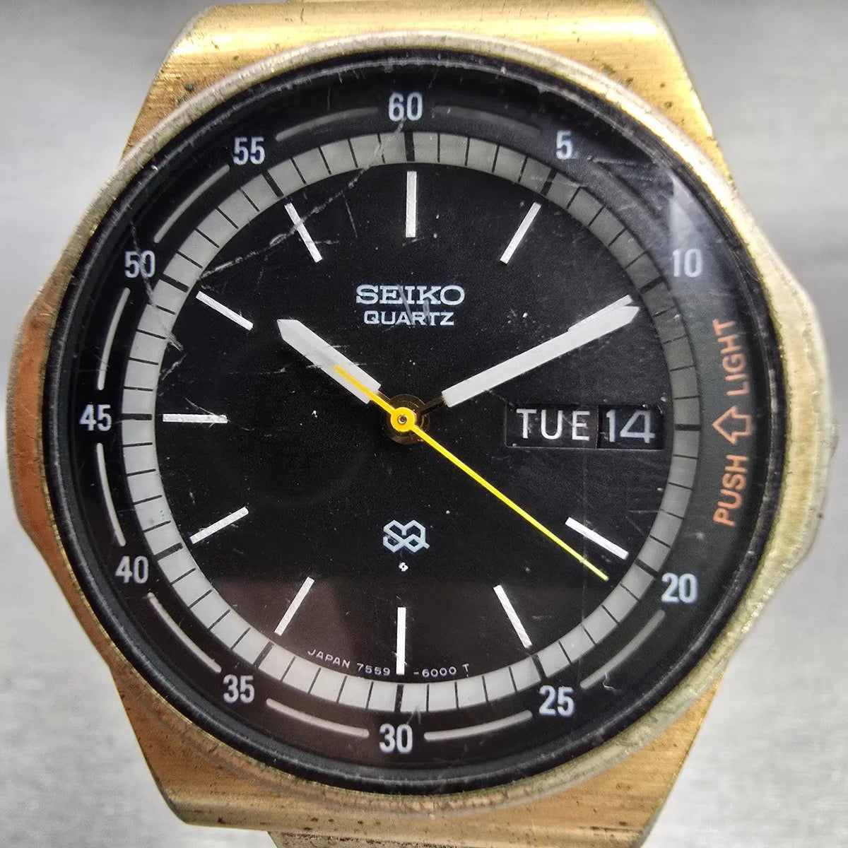 Seiko SQ Watch Men 36mm Black Dial Gold Tone Daydate 7559-6009 New Battery READ1