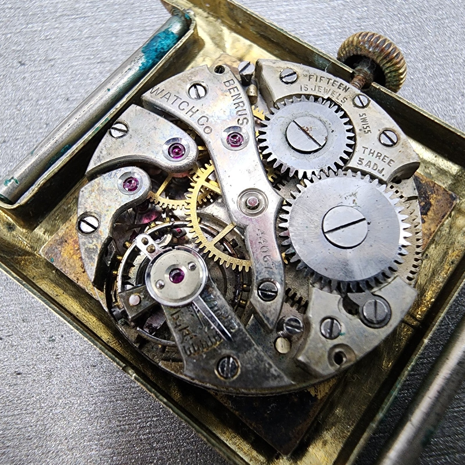 Benrus Tank Watch Men 28mm Silver Dial Gold Tone Rectangle 15 Jewels PARTS11