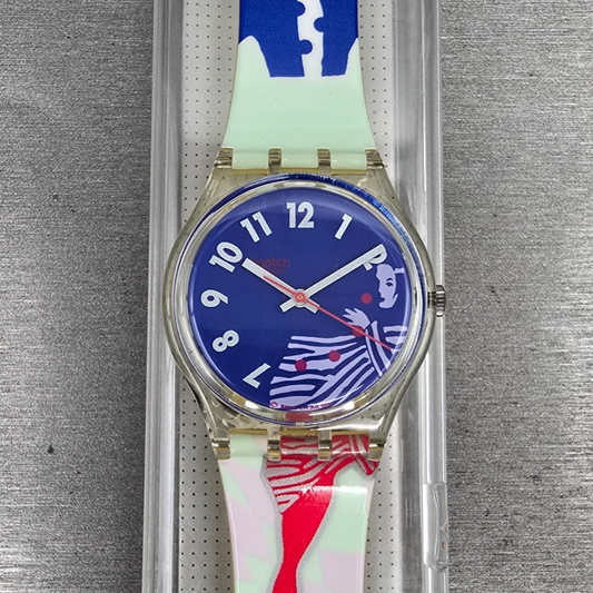 Swatch Gruau Watch Men 34mm Blue Dial Clear Case GK147 New Battery NOS0