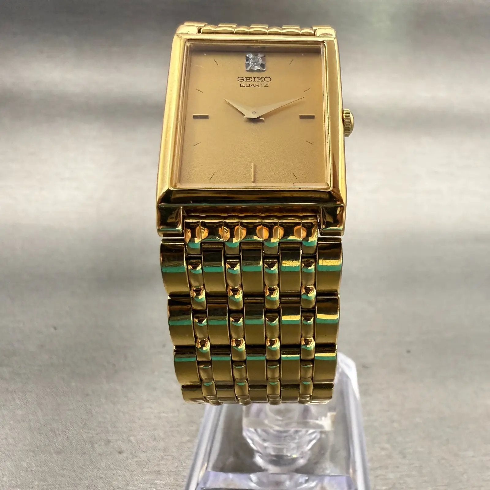 Seiko Watch Women 23mm Gold Dial Gold Tone Rectangle 4N00-6298 New Battery VTG5
