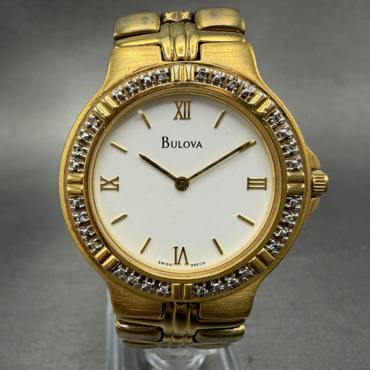 Bulova Watch Men 34mm White Dial Gold Tone Diamond Bezel Round 98E05 New Battery0