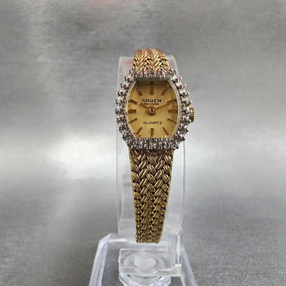 Gruen Precision Watch Women 14mm Gold Dial Gold Tone Diamond Bezel New Battery5