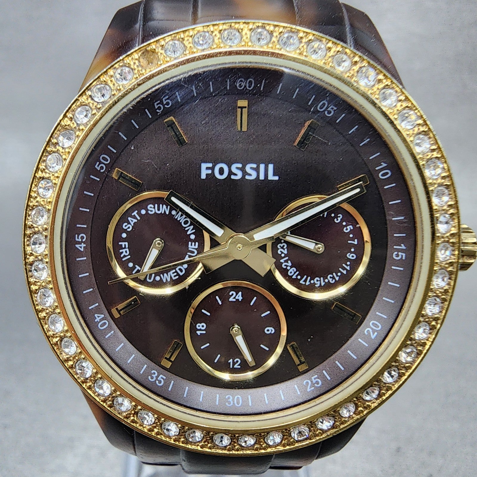Fossil Stella Watch Women 37mm Brown Dial Brown Tortoise Daydate New Battery1
