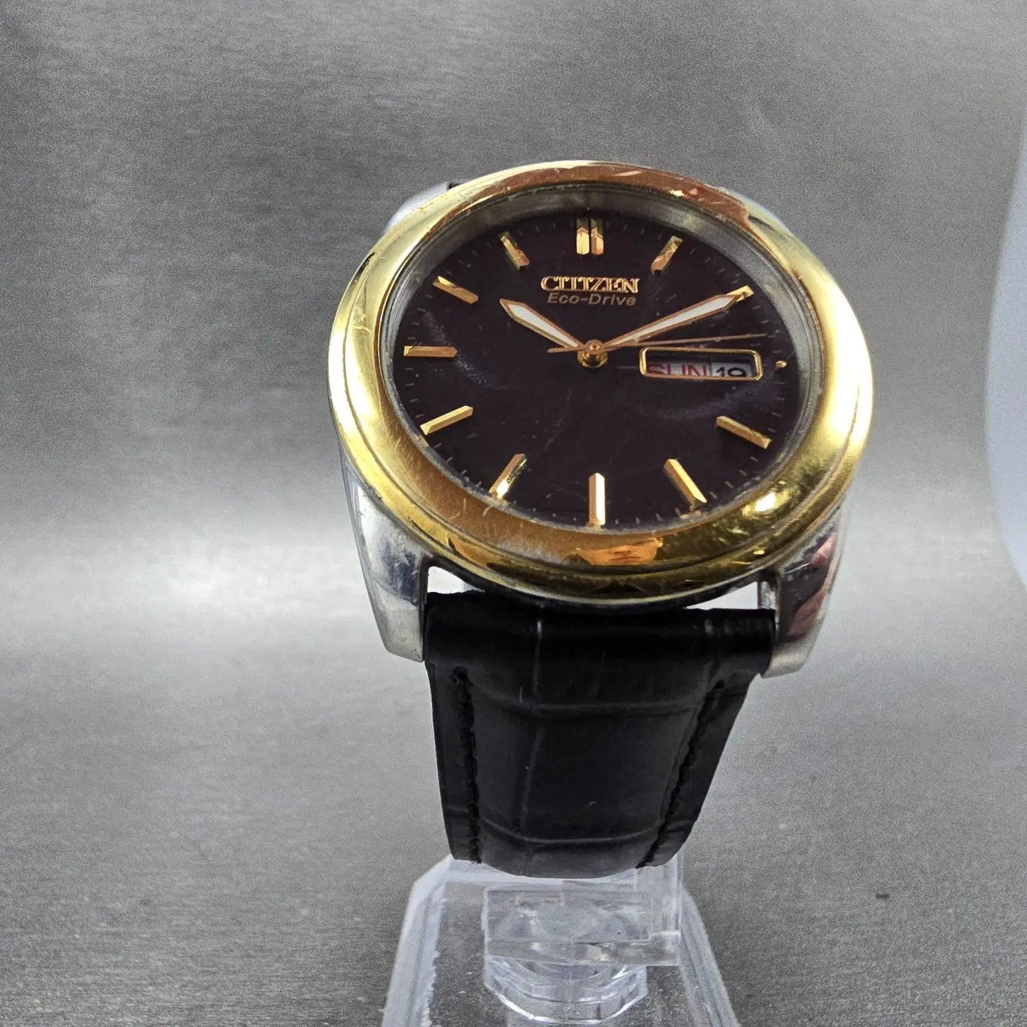 Citizen Eco-Drive Watch Men 35mm Black Dial Two Tone Daydate E101-S056535 Runs5