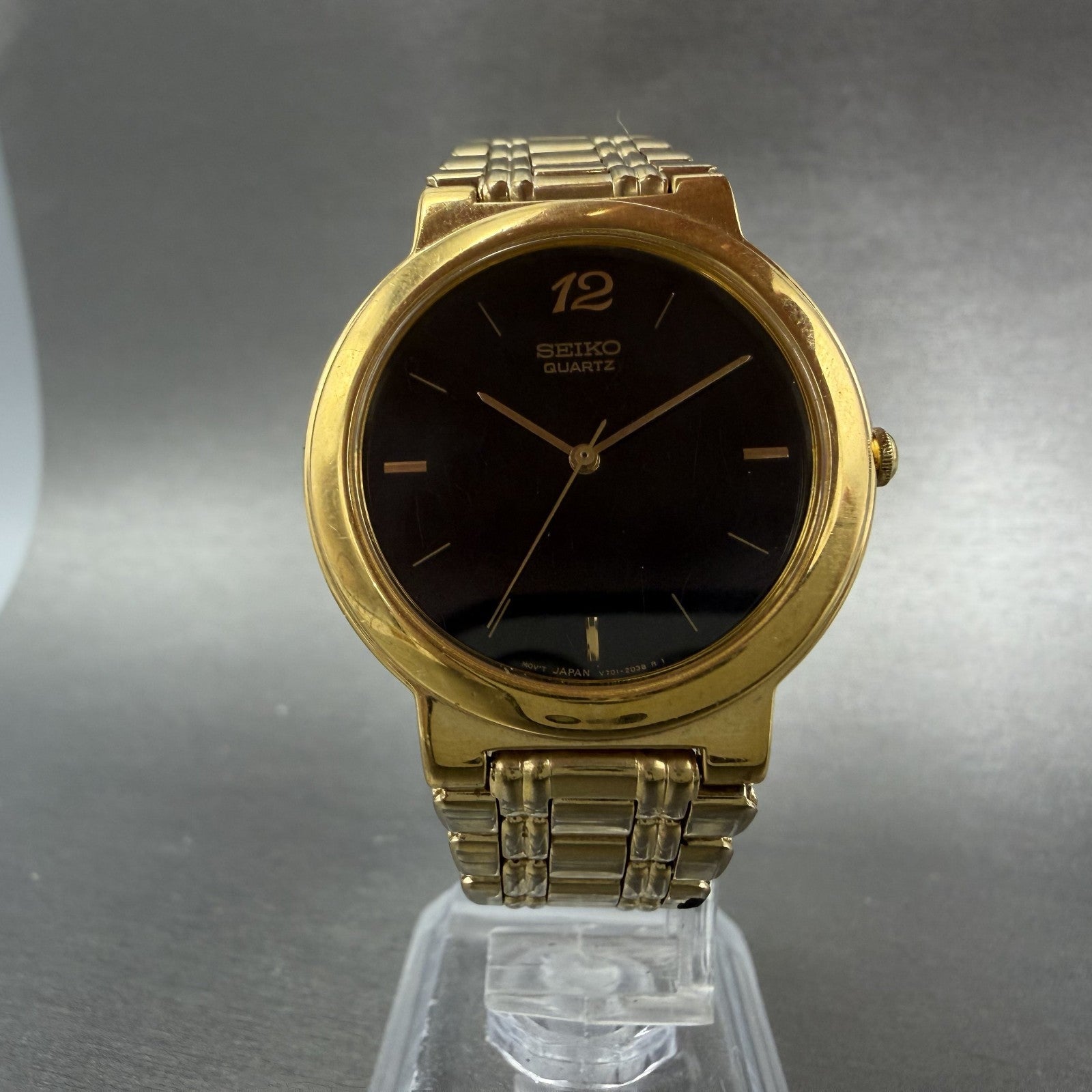 Seiko Watch Men 33mm Black Dial Gold Tone Round Vintage V701-1T79 PARTS6