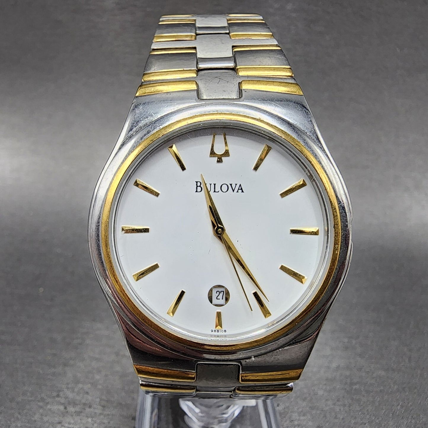 Bulova Watch Men 38mm White Dial Two Tone Date Round 98B108 PARTS0
