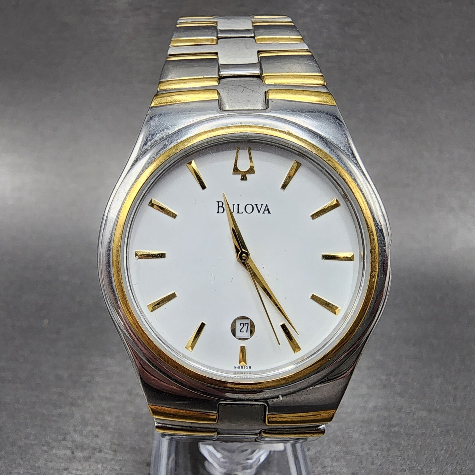 Bulova Watch Men 38mm White Dial Two Tone Date Round 98B108 PARTS0