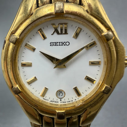 Seiko Watch Women 26mm White Dial Gold Tone Date V789-0369 New Battery JKKJ1