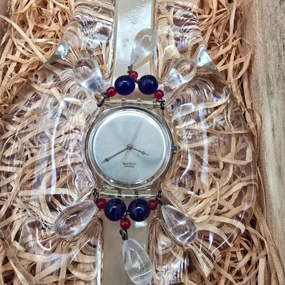 Swatch Chandelier Watch Men 34mm Silver Dial Clear GZ125 New Battery NOS Crate2
