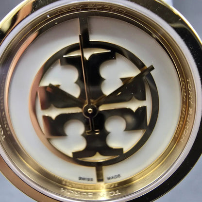 Tory Burch Reva Watch Women 28mm Cream Dial Gold Round TRB4007 New Battery2