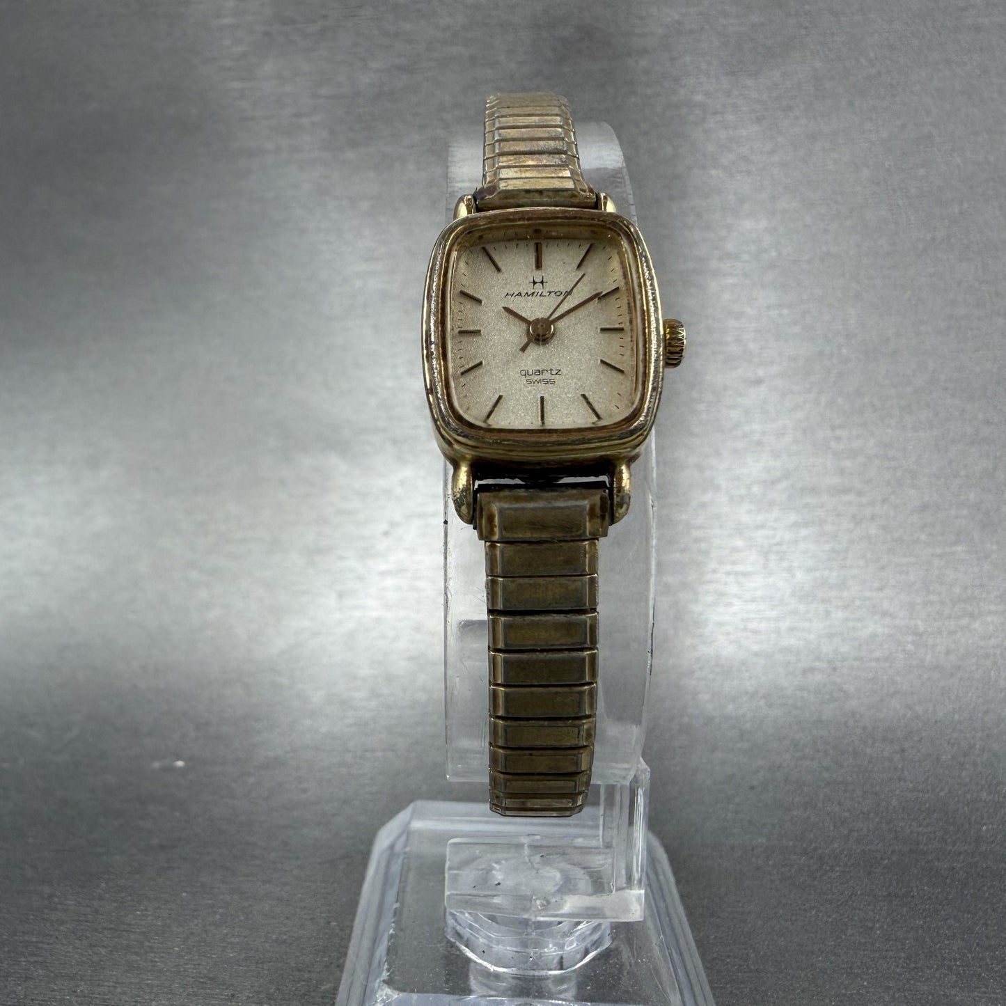 Hamilton Tank Watch Women 16mm Champagne Dial Gold Tone Rectangle 8908 New Batt5