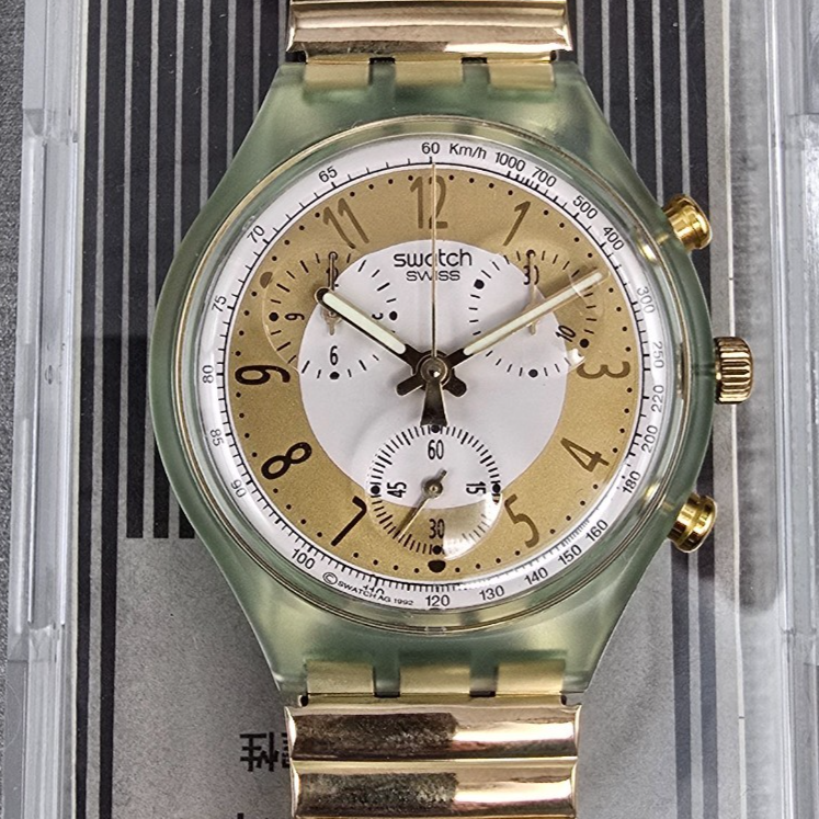 Swatch Chrono Golden Globe Watch Men 37mm Gold Dial Green Case SCG100 NewBat NOS3