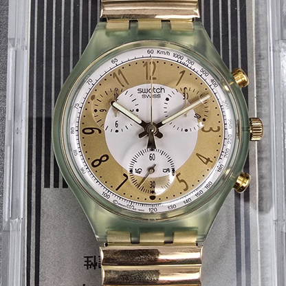 Swatch Chrono Golden Globe Watch Men 37mm Gold Dial Green Case SCG100 NewBat NOS3