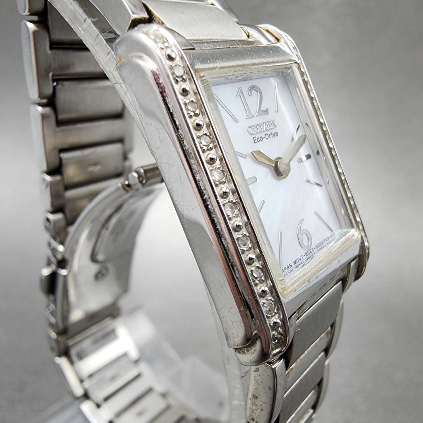 Citizen EcoDrive Tank Watch Women 19mm MOP Dial Silver Tone Diamond Bezel Runs3