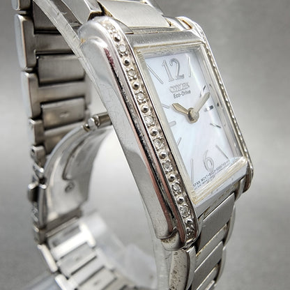 Citizen EcoDrive Tank Watch Women 19mm MOP Dial Silver Tone Diamond Bezel Runs3