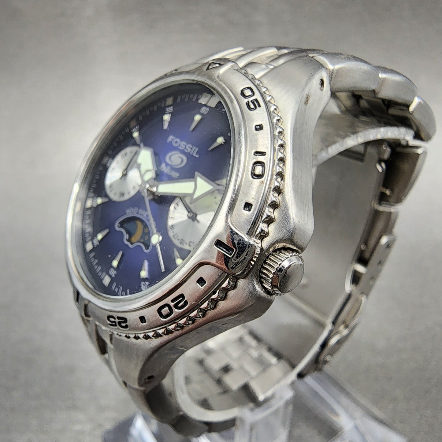 Fossil Dive Watch Women 35mm Blue Dial Steel Daydate Sun Moon Round New Battery2