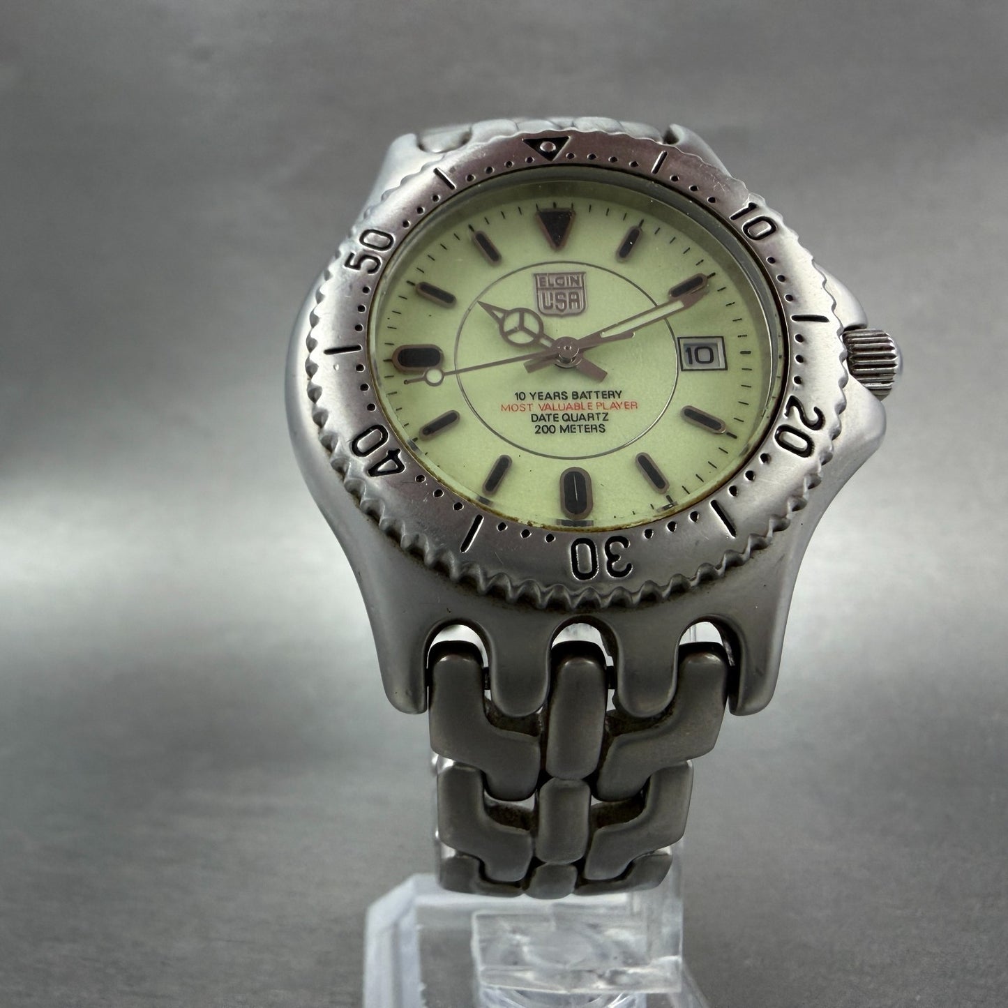 Elgin Dive Watch Men 39mm Green Dial Silver Tone Date Round FK-664 New Battery5