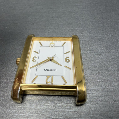 Seiko Tank Watch Men 28mm White Dial Gold Tone Rectangle Date V732-0449 PARTS5