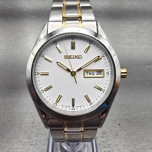 Seiko Watch Men 37mm White Dial Silver Tone Daydate Round 7N43-9070 New Battery0