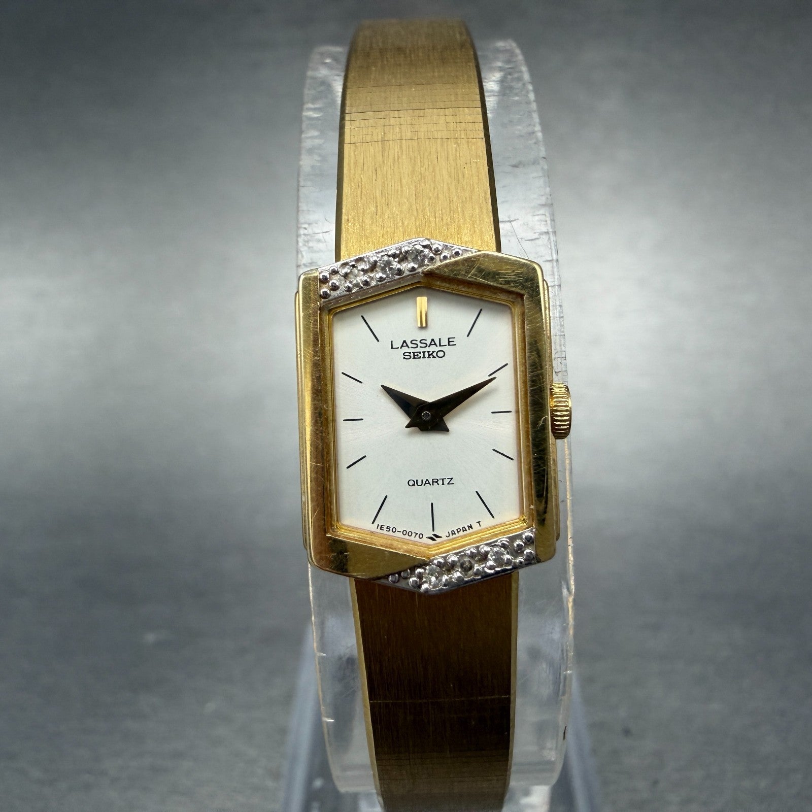 Seiko Lassale Watch Women 13mm White Dial Gold Tone Hexagon 1E50-5039 NewBattery0