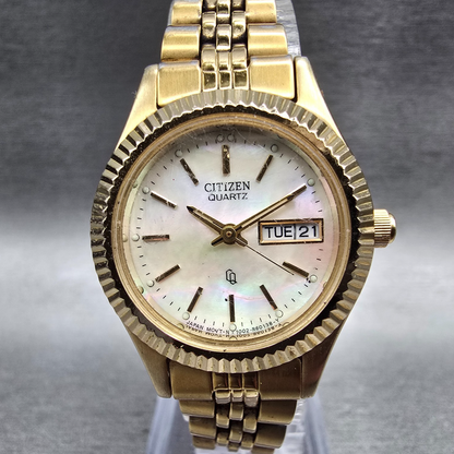 Citizen CQ Watch Women 25mm MOP Dial Gold Tone Daydate 1012-R15101 New Battery 60