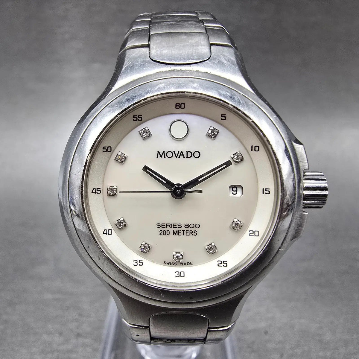 Movado Series 800 Watch Women 29mm MOP Dial Steel Date Diamonds New battery0