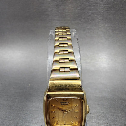 Seiko Tank Watch Women 18mm Gold Dial Gold Tone Rectangle V4015150 New Battery4