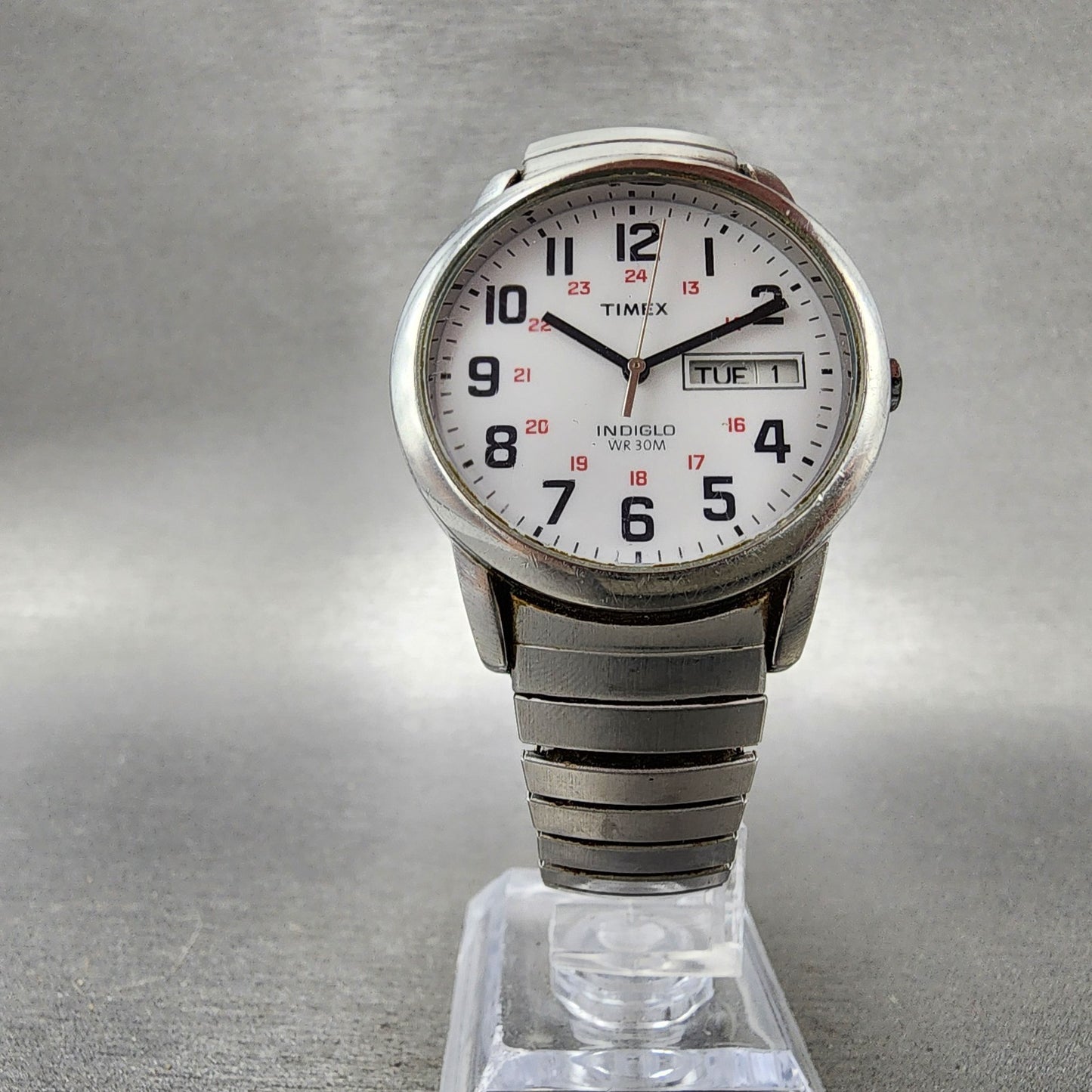 Timex Indiglo Easy Reader Watch Men 35mm White Dial Silver Tone Daydate New Batt5