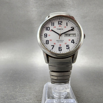 Timex Indiglo Easy Reader Watch Men 35mm White Dial Silver Tone Daydate New Batt5