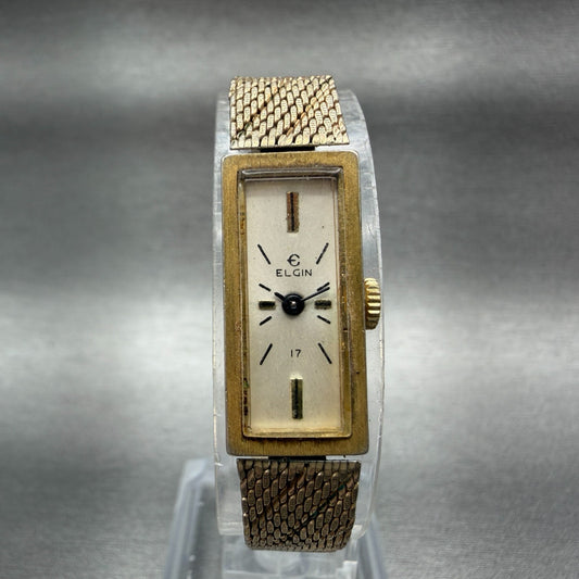 Elgin Watch Women 11mm Champagne Dial Gold Tone Rectangle Manual Wind Runs VTG0