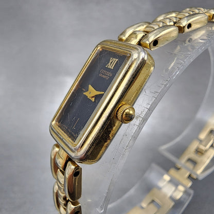 Citizen Tank Watch Women 13mm Black Dial Gold Tone Rectangle New Battery2