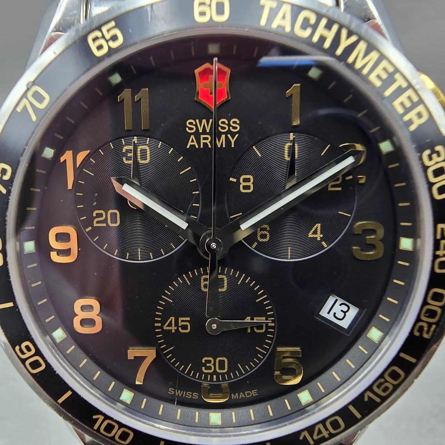 Victorinox Swiss Army Chronograph Watch Men 41mm Black Dial Two Tone Date NewBat1