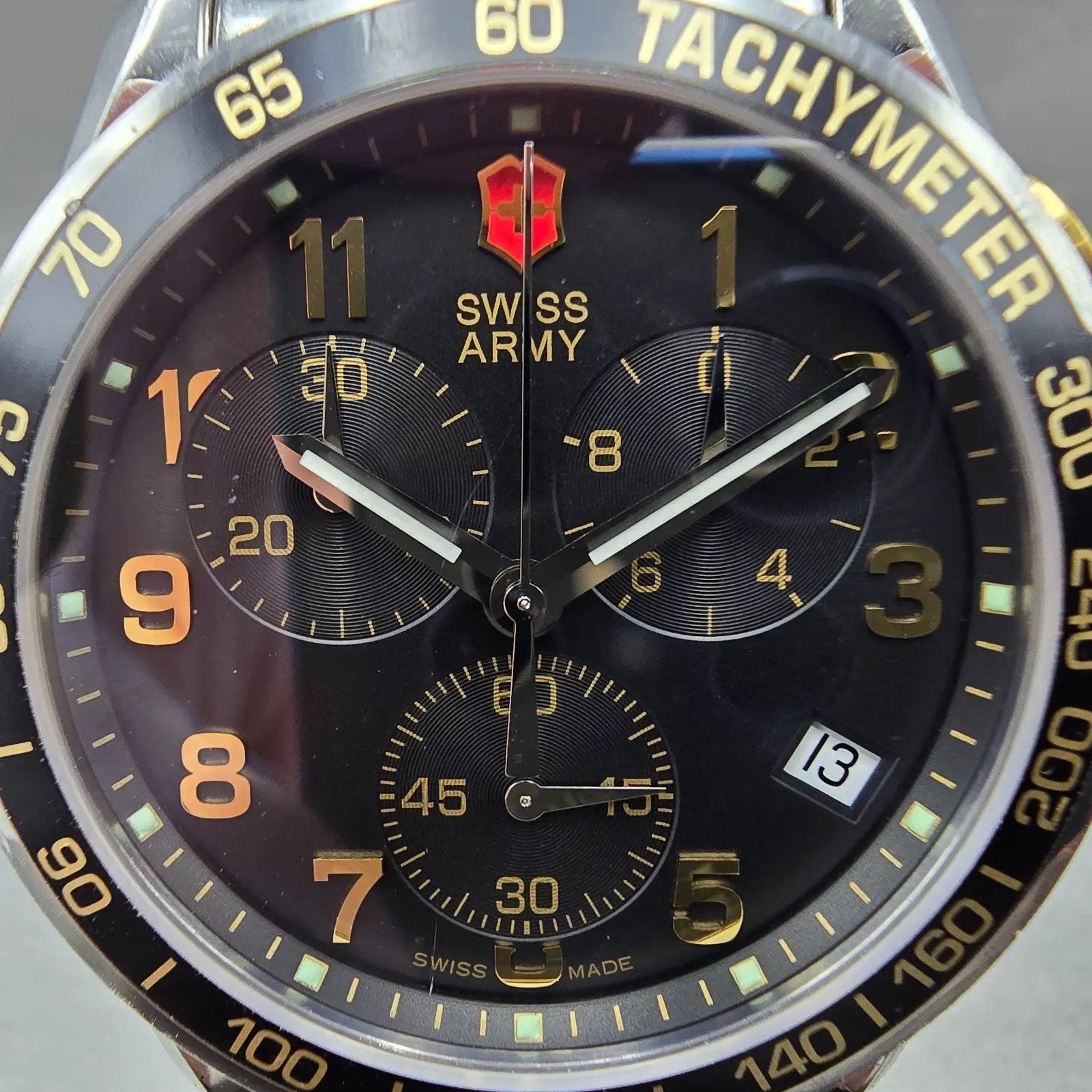 Victorinox Swiss Army Chronograph Watch Men 41mm Black Dial Two Tone Date NewBat1