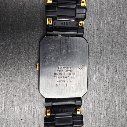 Seiko Watch Men 24mm Black Dial Two Tone Rectangle 7430-5980 New Battery Vintage10