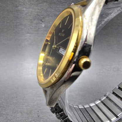 Waltham Watch Men 36mm Black Dial Two Tone Daydate Round New Battery Vintage DF2