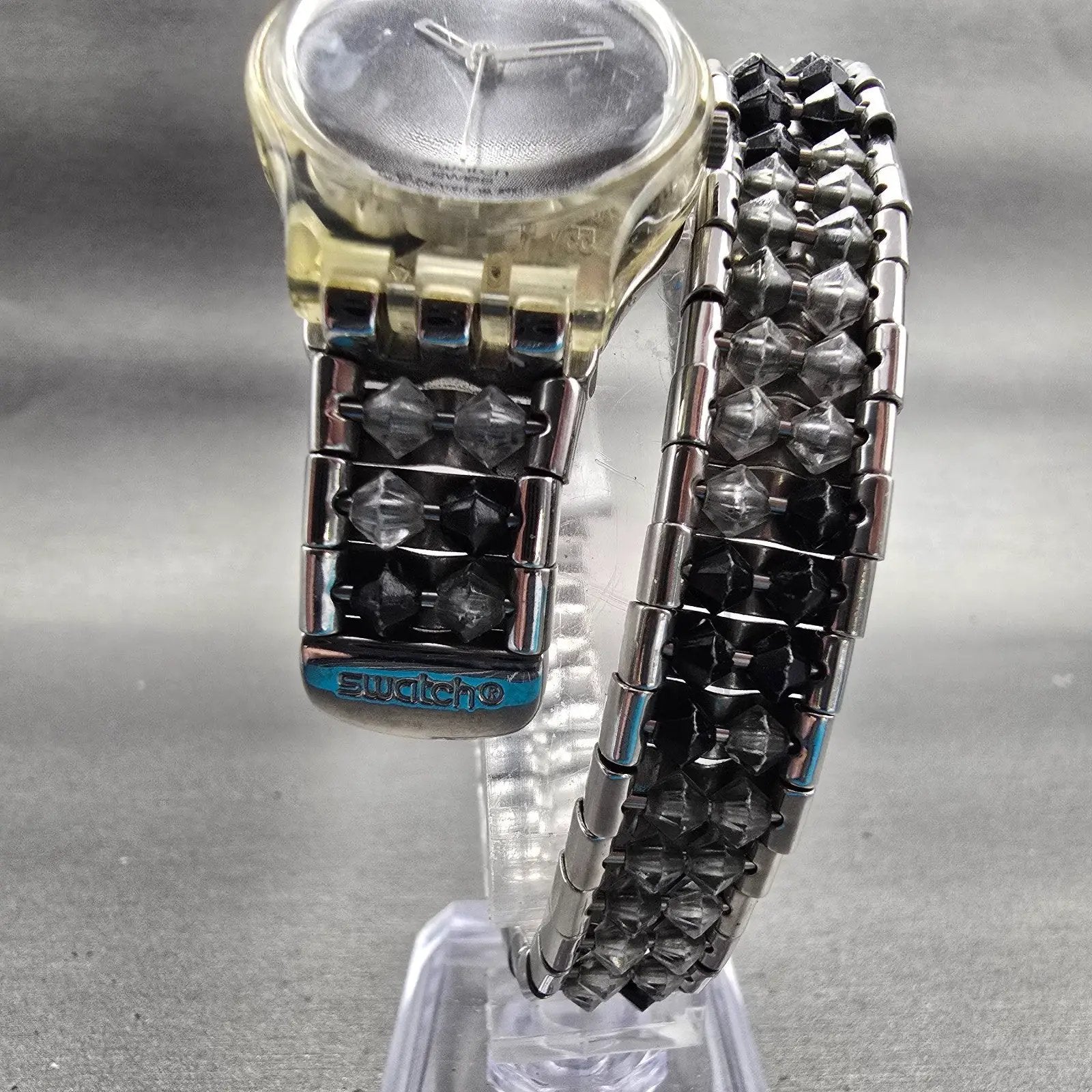 Swatch SPINNIN' AROUND Watch Women Gray Dial Clear Case Round LK205 New Battery5