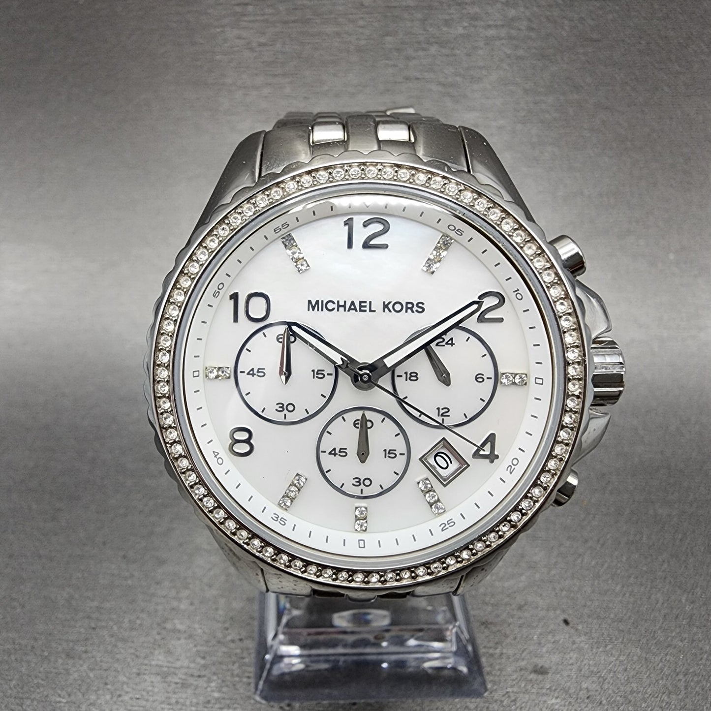Michael Kors Glitz Chronograph Watch Women 42mm MOP Dial Steel Date Round MK53460
