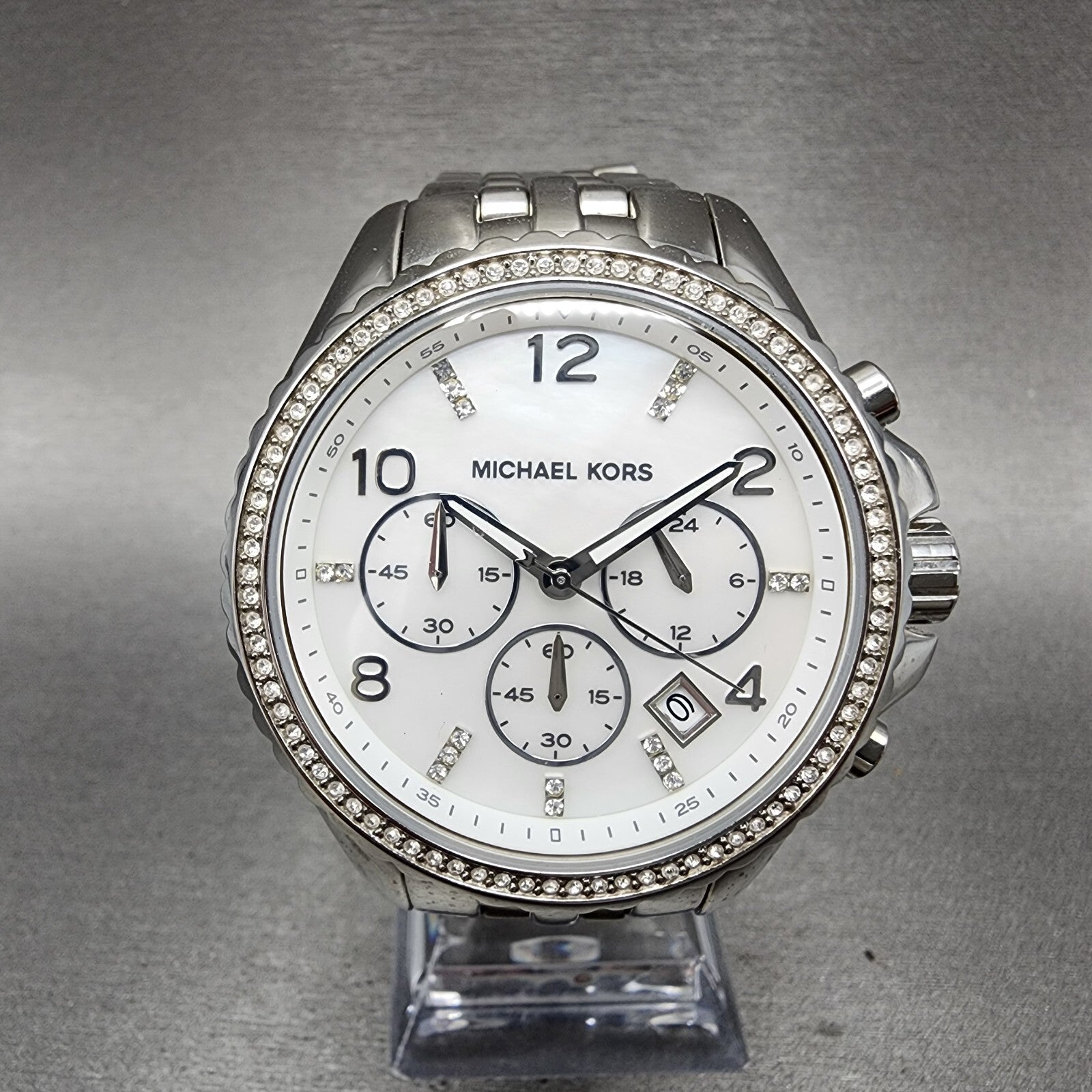 Michael Kors Glitz Chronograph Watch Women 42mm MOP Dial Steel Date Round MK53460