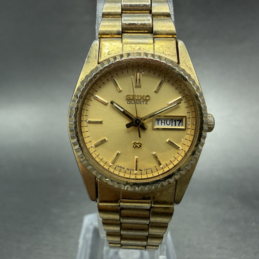 Seiko SQ Watch Women 24mm Gold Dial Gold Tone Daydate Round 3E23-0A60 NewBatt 5V0