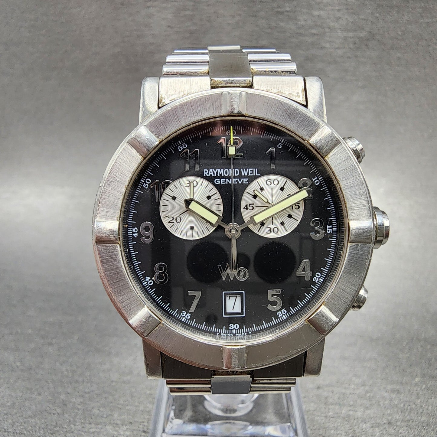 Raymond Weil W1 Chronograph Watch Men 38mm Black Dial Steel Date Round New Batt